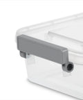Close-up of 2.7 Quart Clear Plastic Storage Bin With Latching Lid And Write On ID Labels Stackable Modular Organizer For Home Garage Office And Craft Room Gray A Real Game Changer For Busy Homes