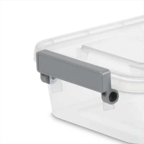 Close-up of 2.7 Quart Clear Plastic Storage Bin With Latching Lid And Write On ID Labels Stackable Modular Organizer For Home Garage Office And Craft Room Gray A Real Game Changer For Busy Homes