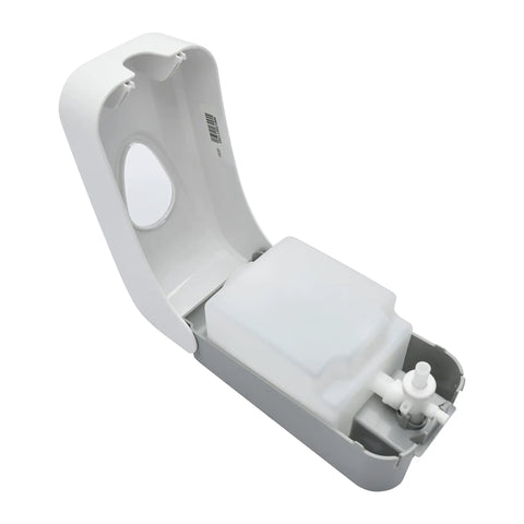 No Sweat Wall Mounted Manual Soap And Hand Sanitizer Dispenser 1000 Ml White Bulk Case Of Thirty open view showing soap reservoir.