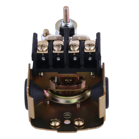 Front view of Pumptrol 30-50 psi pressure switch for well pump with brass base, black terminal block, and screw terminals.
