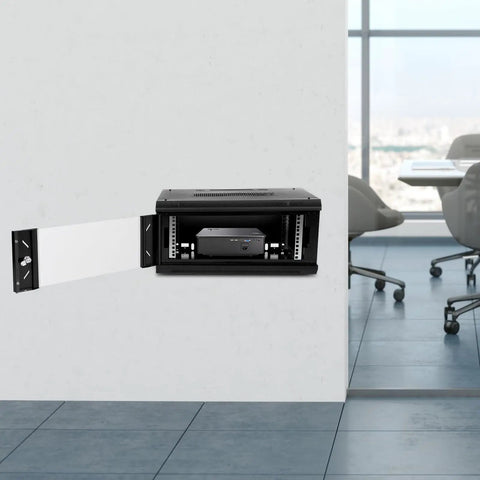 Wall Mount 4U Server Cabinet, Heavy Duty Steel Network Rack With Tempered Glass Door And Key Lock, built into a wall with network equipment inside.