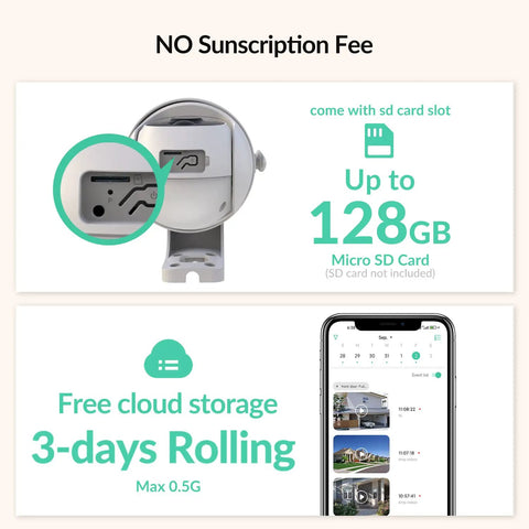 2K PTZ Solar WiFi Security Camera With AI Motion Detection showcasing SD card slot and cloud storage, no subscription required.