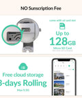 Wireless Solar Outdoor Security Cam With PTZ AI Motion Detection showing SD card slot and mobile app interface, no subscription