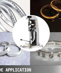 No Sweat Manual Internal Ring Engraving Machine With Precision Double Sided Dial And Secure Locking Clamps beside engraved and plain rings.