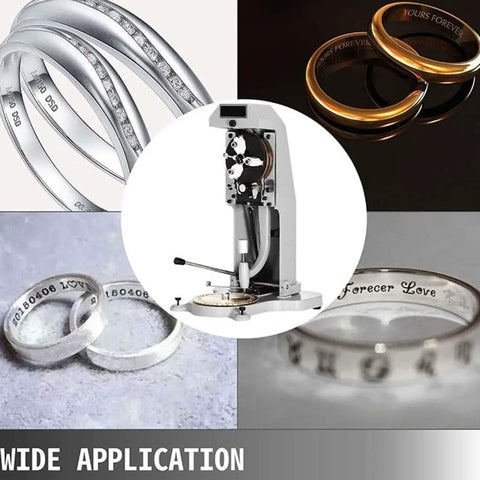 No Sweat Manual Internal Ring Engraving Machine With Precision Double Sided Dial And Secure Locking Clamps beside engraved and plain rings.