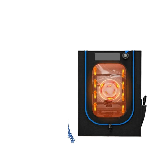 All In One 3D Printer Enclosure With LED Light Integrated Thermometer And Quiet Ventilation Kit shown in black and orange.