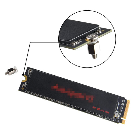 Ultimate M.2 NVMe SSD Screw Kit with 9 nuts, 3 heights, 6 screws, and insulation spacers shown with installation on NVMe 2280 motherboard.