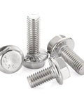Close-up of 3/8-16 Flanged Hex Head Bolts Fully Threaded 1 Inch Stainless Steel 304 External Hex Drive Flange Screws 10 Piece Set