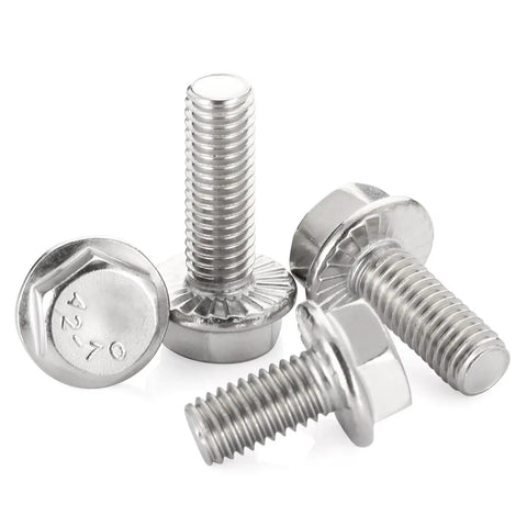 Close-up of 3/8-16 Flanged Hex Head Bolts Fully Threaded 1 Inch Stainless Steel 304 External Hex Drive Flange Screws 10 Piece Set