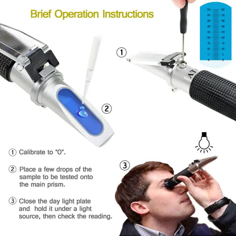 Dual Scale Brix Refractometer With ATC For Specific Gravity And Brix Readings Hydrometer Kit For Wine Making Beer Brewing And Homebrew DIYers For Serious Hobbyists And Pros Alike, calibration steps
