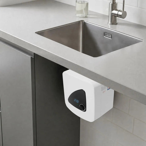 Electric Mini Tank Water Heater Under Sink Hot Water Tank 4 Gallon installed under kitchen sink with digital display and knob.