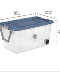Slick Rolling 2 Pack 160 Quart Heavy Duty Storage Totes With Oversized Swivel Casters And Lockdown Pull Handle Extra Large Wheeled Plastic Bins Drip Resistant Double Latch Systems Garage Ready, clear bin with blue lid.