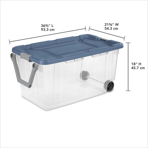 Slick Rolling 2 Pack 160 Quart Heavy Duty Storage Totes With Oversized Swivel Casters And Lockdown Pull Handle Extra Large Wheeled Plastic Bins Drip Resistant Double Latch Systems Garage Ready, clear bin with blue lid.