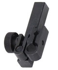 Close-up of OPPWONG dial indicator holder clamp, black aluminium alloy with knurled adjustment knob