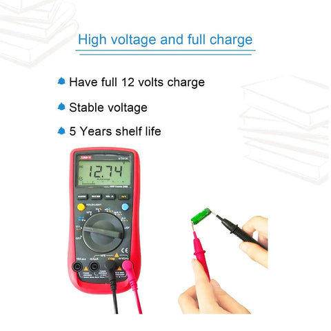 Multimeter display testing Long Lasting 12 Volt A23 23A Alkaline Batteries 5 Pack For Remote Controls Key Fobs Alarm Sensors And Toys Reliable Power With High Capacity For Everyday Gadgets showing 12.74 volts.
