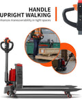 Tory Carrier Electric Pallet Truck 4400lb Capacity With 48 By 27 Inch Forks Big Li-ion Battery showing upright walking handle for tight spaces.