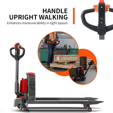Tory Carrier Electric Pallet Truck 4400lb Capacity With 48 By 27 Inch Forks Big Li-ion Battery showing upright walking handle for tight spaces.