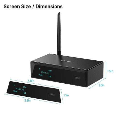 XLR Bluetooth Receiver V5.1 with LDAC and aptX HD, Built In ESS DAC, analog RCA, optical, and coax outputs. Black device with antenna.
