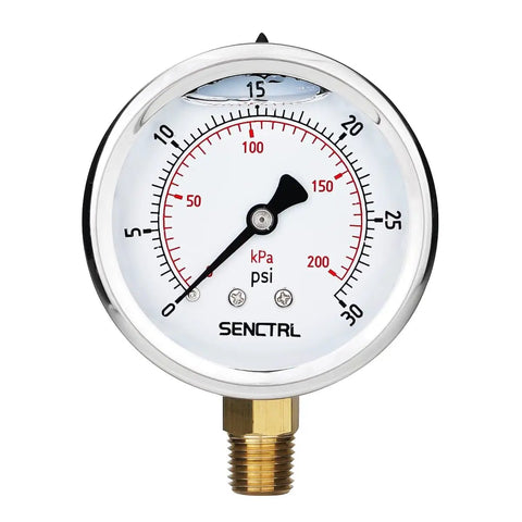 Front view of Glycerin Liquid Filled Low Pressure Gauge 0 To 30 Psi, 2.5 Inch Dial, Quarter Inch NPT, Stainless Steel Case