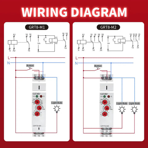 Wiring diagram for 10-Function 16A Time Relay for AC/DC 12-240V with Latching Mode and Control-Input Options, GRT8-M1, GRT8-M2