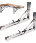Two Pack Stainless Steel Folding Shelf Brackets For Wall Mount And Table Use Self Deploying Space Saving Design Rustproof And Heavy Duty Built To Last No Fuss Easy Install Ideal For Boats Yachts And RVs