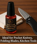 Premium Knife Pivot Lube Oil For Folding Knives And Tools With Food Safe Formula Reduces Friction And Wear 20ml Bottle next to knife and cloth