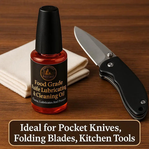Premium Knife Pivot Lube Oil For Folding Knives And Tools With Food Safe Formula Reduces Friction And Wear 20ml Bottle next to knife and cloth