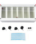 Heavy Duty 72 Slot Cell Phone Locker With Slick Rolling Casters For Classroom And Office Organization featuring aluminum cabinet and keys.