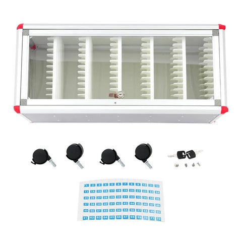 Heavy Duty 72 Slot Cell Phone Locker With Slick Rolling Casters For Classroom And Office Organization featuring aluminum cabinet and keys.