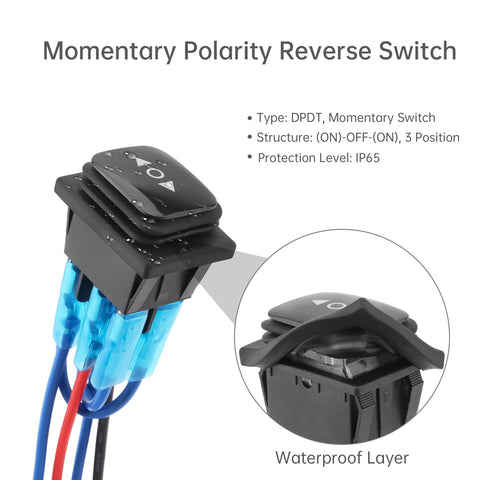 Momentary polarity reverse switch, DPDT, 3-position, IP65 protection, shown with waterproof layer and colored wires