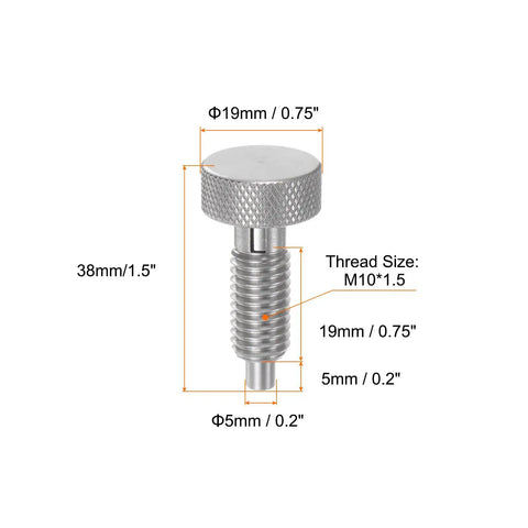 Heavy Duty Stainless Steel Spring Plunger With Knurled Handle Delivering Smooth Retractable Action And M10 X 1.5 Threads, dimensions labeled.