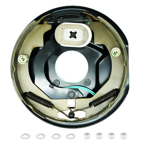 RV trailer electric brake magnet kit for 10in Dexter 3500-lb brakes, with retainer clips and springs, front view