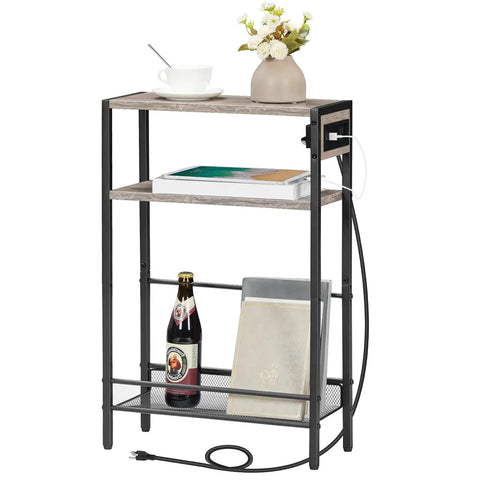 Slim Narrow Side Table With Charging Station And USB Ports Type C Space Saver For Small Spaces Sofa Beside Table With Storage Shelf