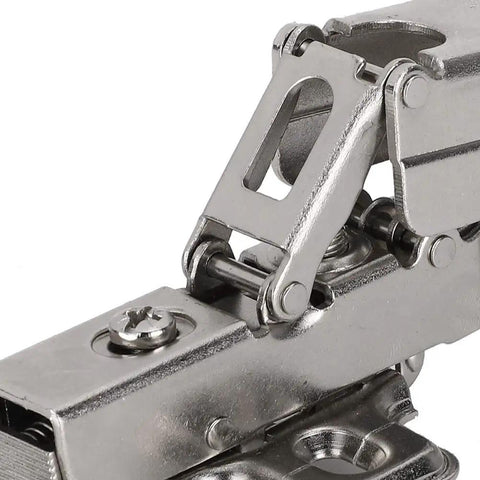 Close-up of hydraulic soft close cabinet hinge with copper core damping system for quiet no slam closings fits corner and wall cabinets.