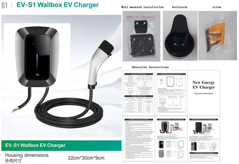 Smart Electric Vehicle Wall Charger With Fast 7KW Hardwired Setup And Type 2 Connector showing wall-mounted design and charging cable.