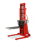 MechMaxx 3300 Lb Semi Electric Straddle Stacker With 118 Inch Lift Height Powerful 12V Agm Battery Adjustable Forks And Legs side view showing lifting forks and sturdy frame.