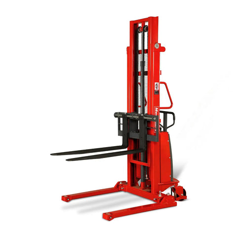 MechMaxx 3300 Lb Semi Electric Straddle Stacker With 118 Inch Lift Height Powerful 12V Agm Battery Adjustable Forks And Legs side view showing lifting forks and sturdy frame.
