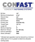 Specification sheet for One Half Inch By Seven Inch Galvanized Wedge Anchor For Concrete In Moist Environment Built Tough Box Of Twenty Five Heavy Duty Fastener For Secure Long Lasting Concrete Installations.