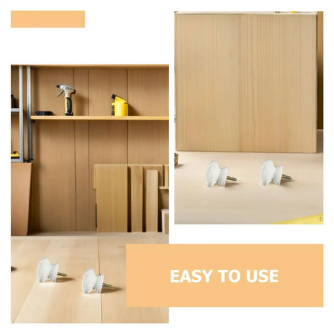 10 Pack Round Wood Cabinet Knobs Single Hole White Drawer Pulls on workbench with tools in a rustic kitchen setting.