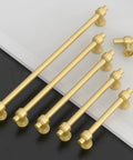 Real Deal 10 Pack Brushed Gold Cabinet Pulls 5 Inch Hole Center Heavy Duty Zinc Alloy kitchen drawer handles showing five sizes.