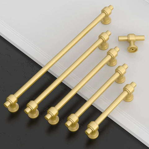Real Deal 10 Pack Brushed Gold Cabinet Pulls 5 Inch Hole Center Heavy Duty Zinc Alloy kitchen drawer handles showing five sizes.