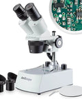 Forward Mounted Binocular Stereo Microscope With 20X 40X 80X Magnification, Dual LED Lighting, Widefield Optics, All Metal Stand, Rugged Pro Grade Build For Tiny Electronics Parts Inspection, Delicate Assembly, And Hobby Projects, shown with PCB