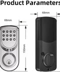 Product parameters of Keyless Entry Door Lock With Electronic Keypad Deadbolt, showing dimensions of 68mm x 150mm and 68mm x 170mm.