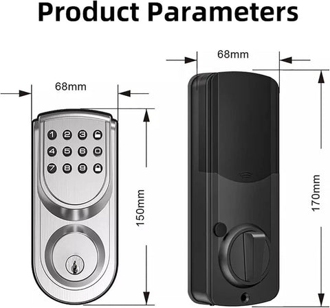 Product parameters of Keyless Entry Door Lock With Electronic Keypad Deadbolt, showing dimensions of 68mm x 150mm and 68mm x 170mm.