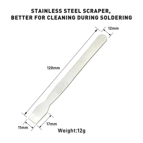 All In One Solder Kit With Tip Cleaner And Holder, stainless steel scraper for cleaning, 120mm length, 12g weight.