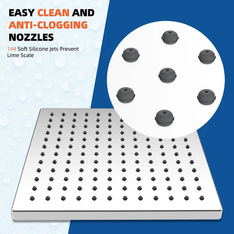 144 silicone nozzles detail on 12 Inch High Pressure Square Rain Shower Head With Six Tenths Of An Inch Thick Metal Construction
