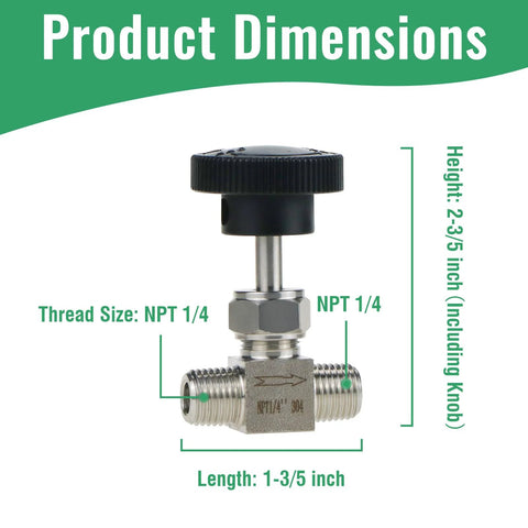 Needle valve stainless steel 304, NPT 1/4 male, front view with black knob