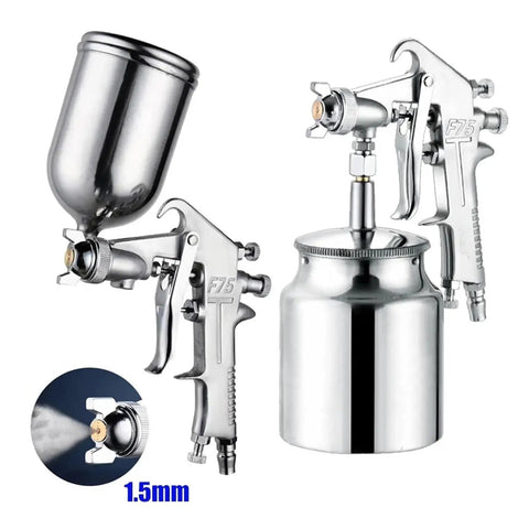 Heavy Duty F-75 Spray Gun With Aluminum Cup And Silver Handle For Car Auto Bodywork Or Furniture Painting Adjustable Nozzle Control close-up view