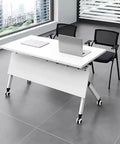 Hella Smooth Rolling Steel Foldable Mobile Desk With Locking Casters Lightweight Computer Workstation And Flip Training Table in modern office setup.