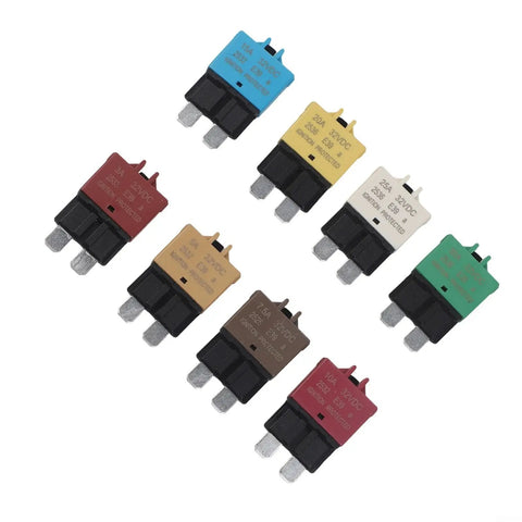 Heavy Duty 8 Pack Circuit Breaker Kit 3A To 30A Range with various amperage color-coded circuit breakers for automotive use.